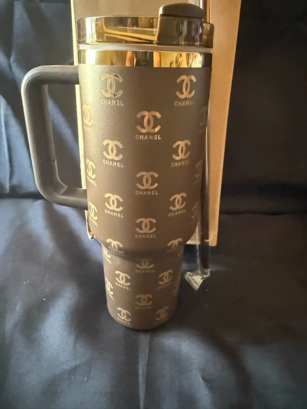 New Stanley 40oz Brown/Gold Laser CEngravedC Tumbler w/ Brown Straw - Picture 7 of 8
